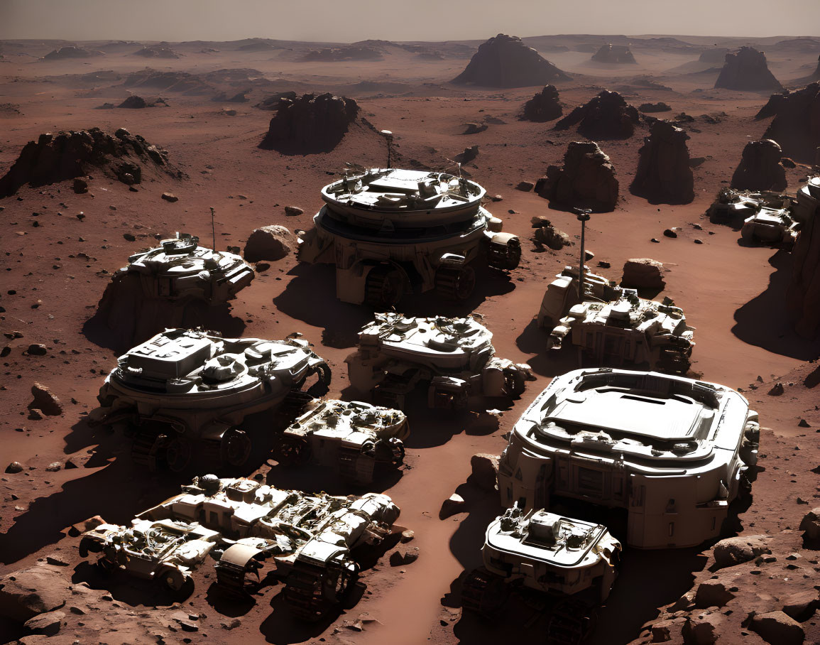 Futuristic Mars colony with modular habitats and vehicles on rocky desert landscape