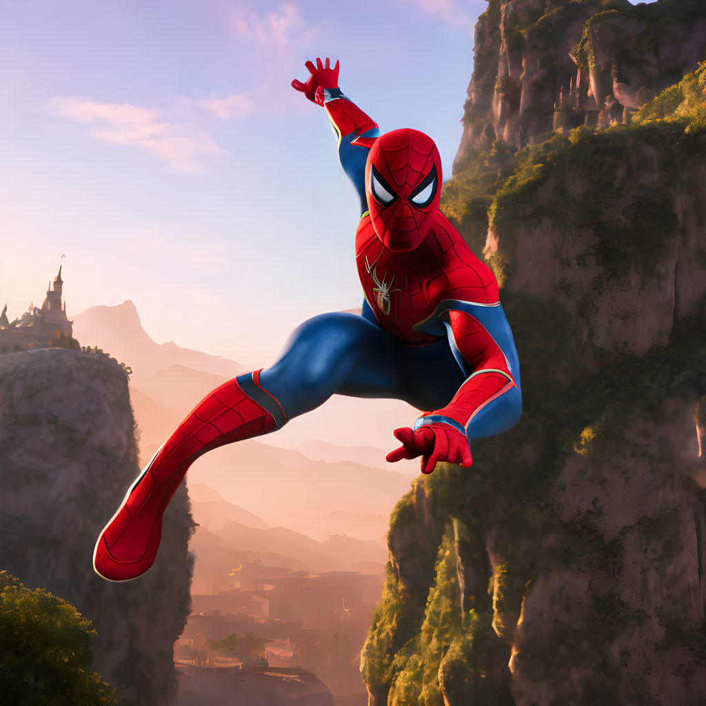 Superhero in dynamic pose with castle and cliffs.