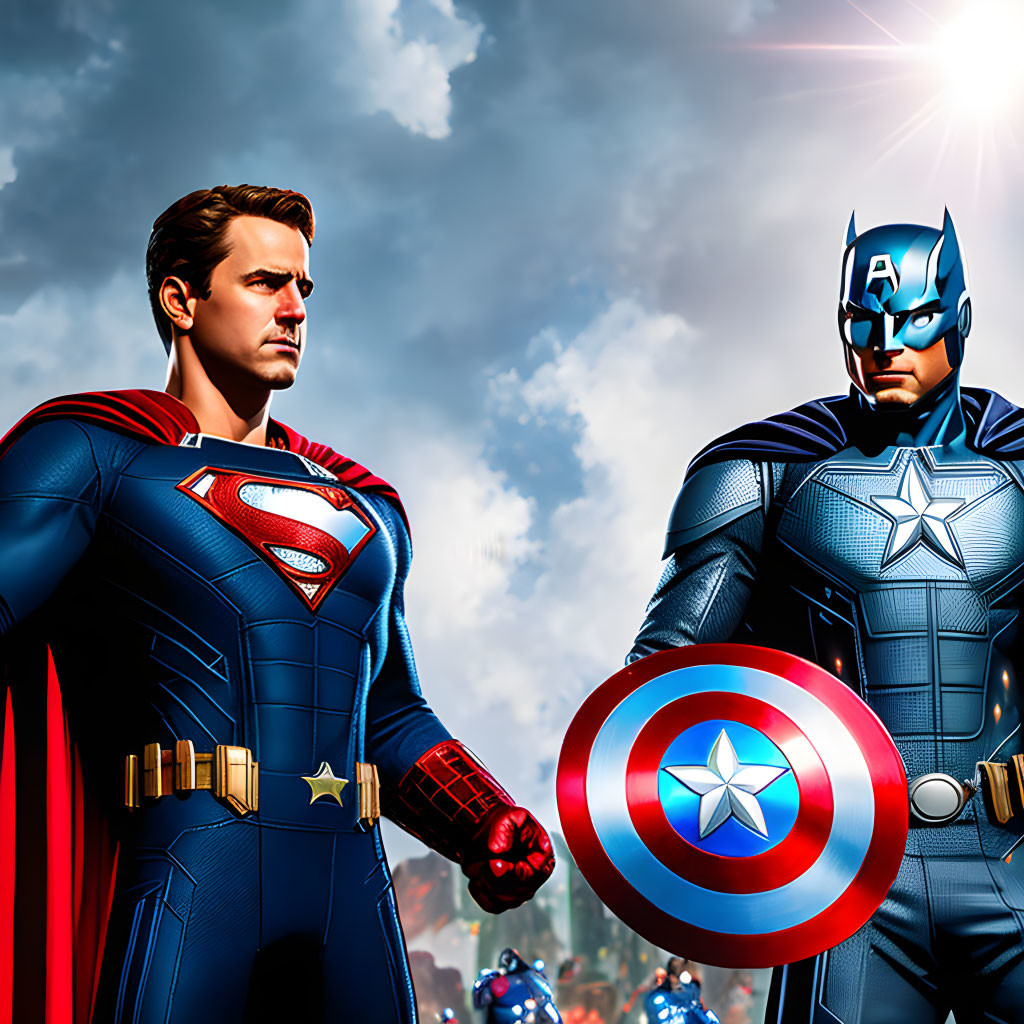 Superheroes Superman and Captain America standing together under bright sky