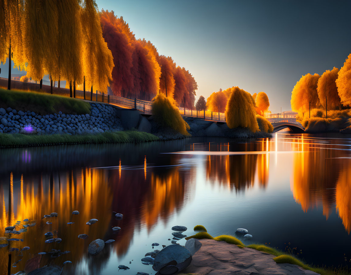 Tranquil riverside sunset with golden trees, stone bridge, and stepping stones.