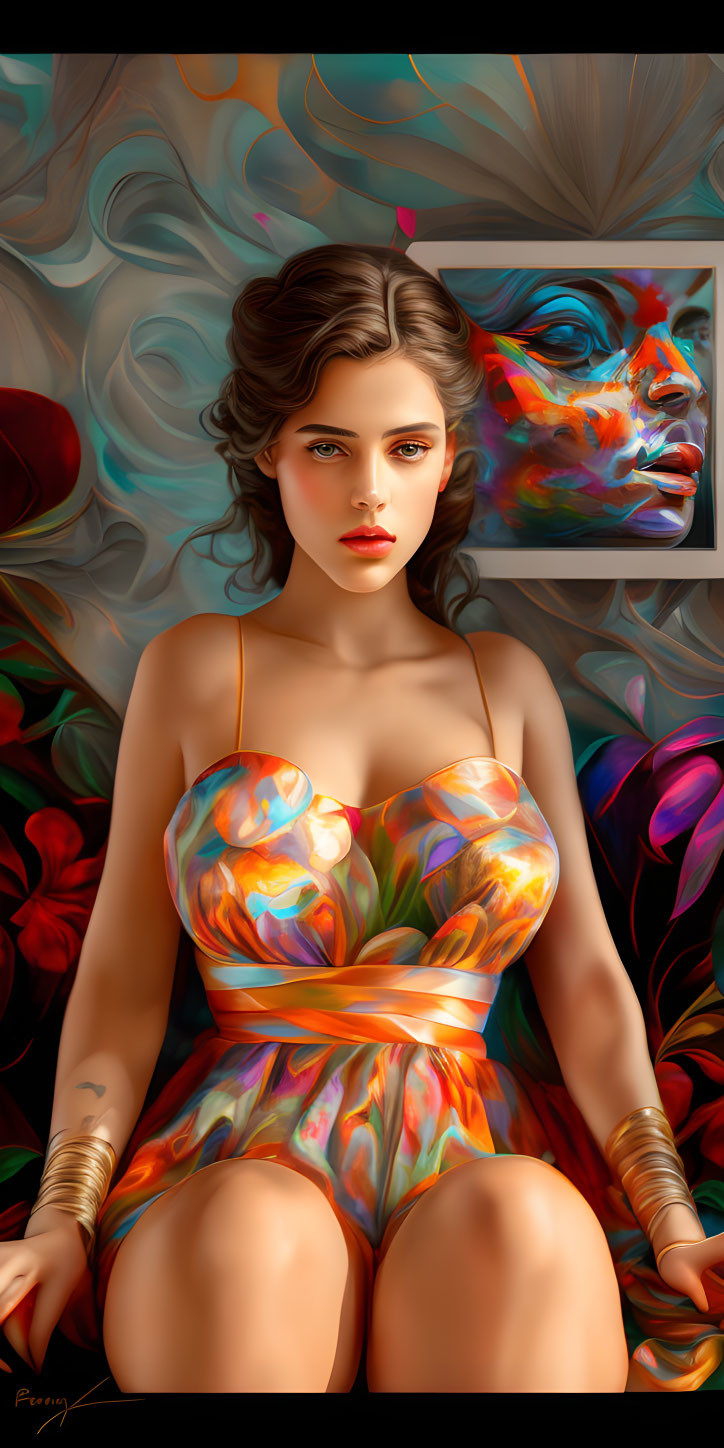 Colorful digital artwork featuring woman with wavy hair and abstract painting.