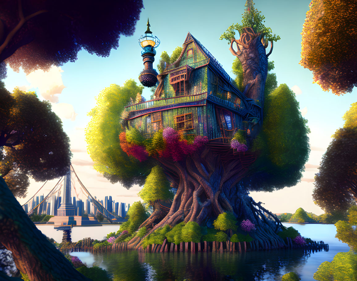 Whimsical treehouse with vibrant gardens overlooking river & distant bridge