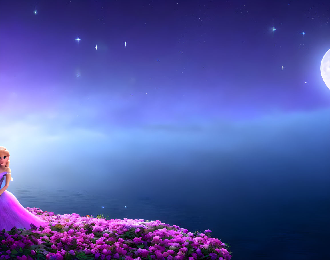 Animated princess in pink gown under starry sky with crescent moon