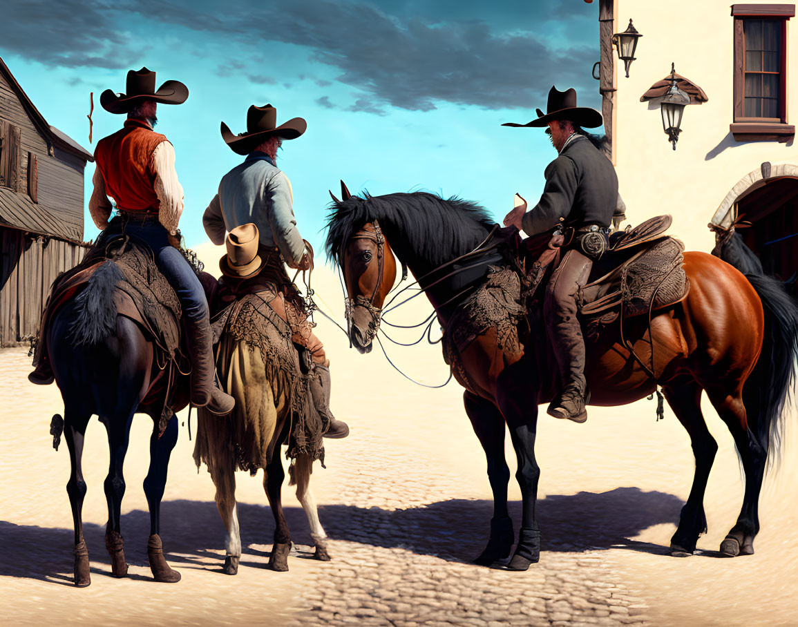 Four cowboys on horseback in a western town under clear sky