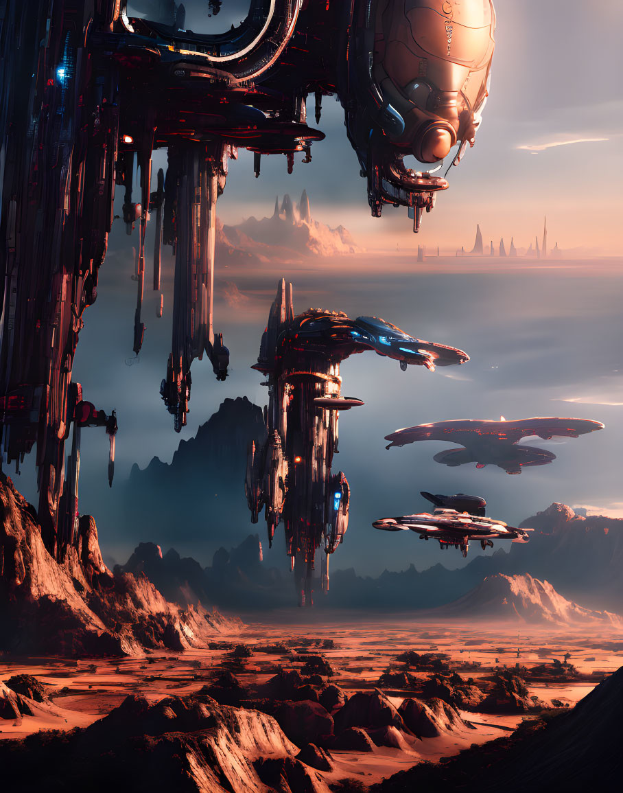 Futuristic sci-fi landscape with hovering spacecraft above rocky desert terrain