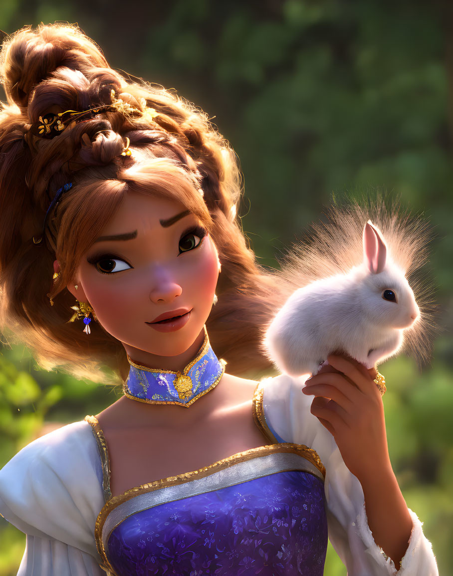 Animated Princess with White Rabbit in Sunlit Forest Setting