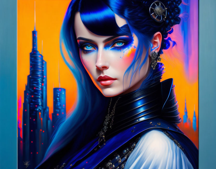 Digital art portrait of woman with blue eyes and dark hair in futuristic cityscape.