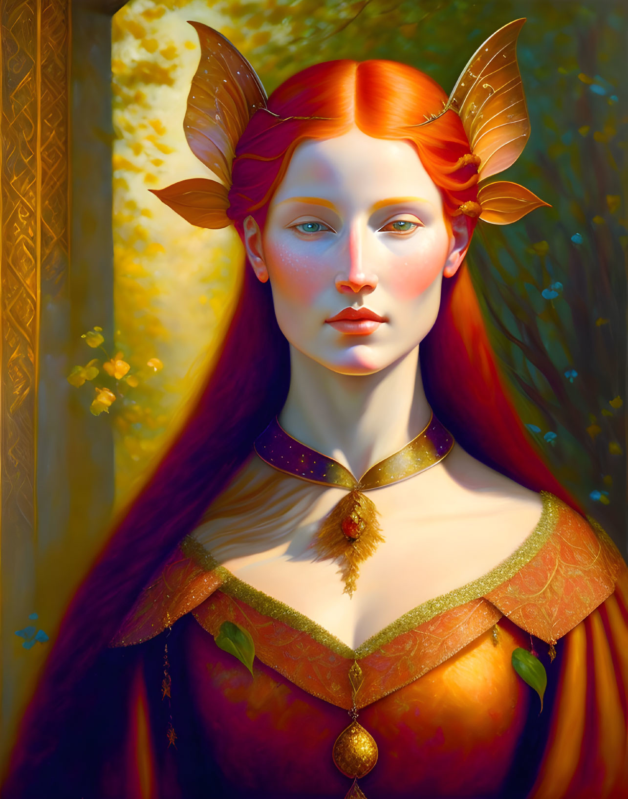 Fantasy artwork of red-haired female with pointed ears and golden choker