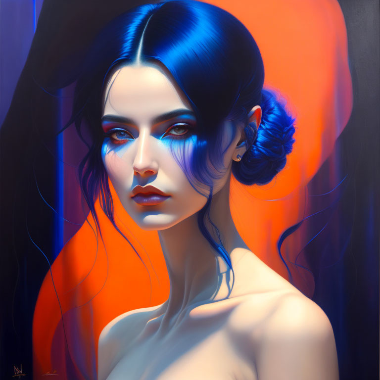 Blue-haired woman portrait against warm orange backdrop