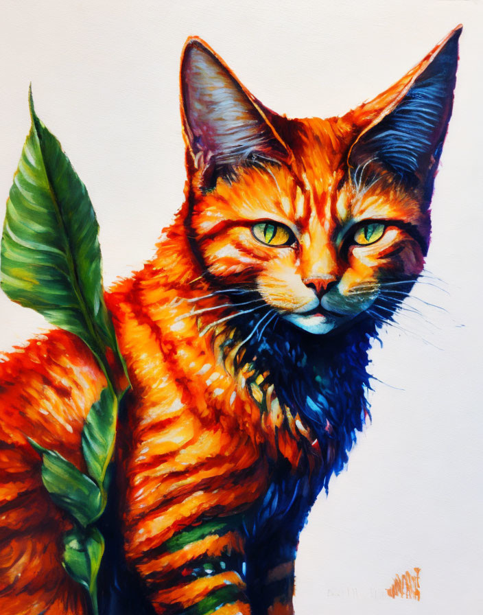 Colorful Painting of Orange Cat with Blue Accents and Green Leaf