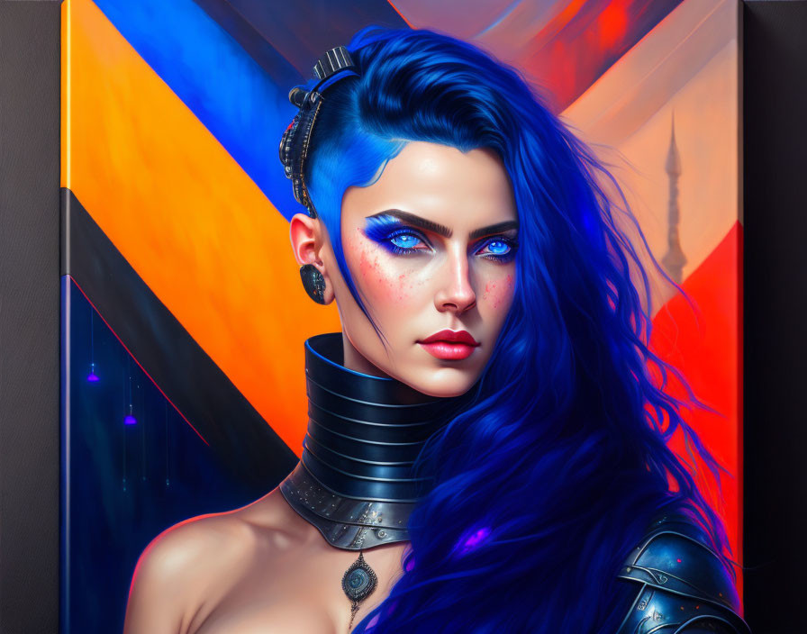 Vibrant blue-haired woman in futuristic attire on geometric background