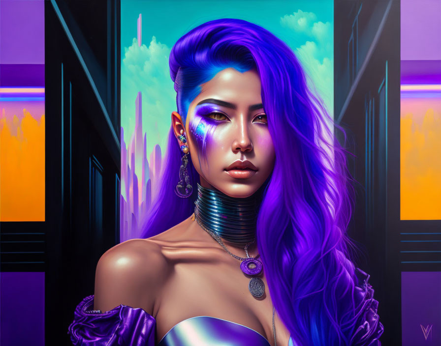 Vibrant purple-haired woman in futuristic makeup and metallic choker against urban sunset.