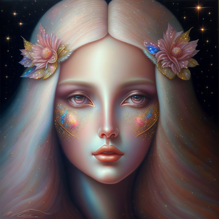 Digital artwork of woman with cosmic theme, starry makeup, pale hair, and floral earrings