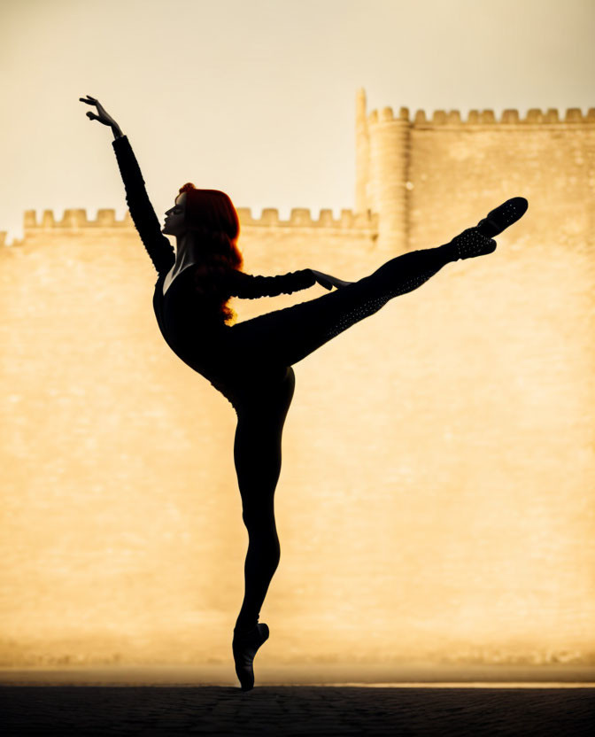 Female dancer silhouette in elegant pose against sunset backdrop with castle.