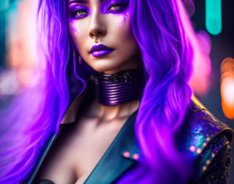 Vibrant purple-haired woman with sparkling makeup in urban neon setting