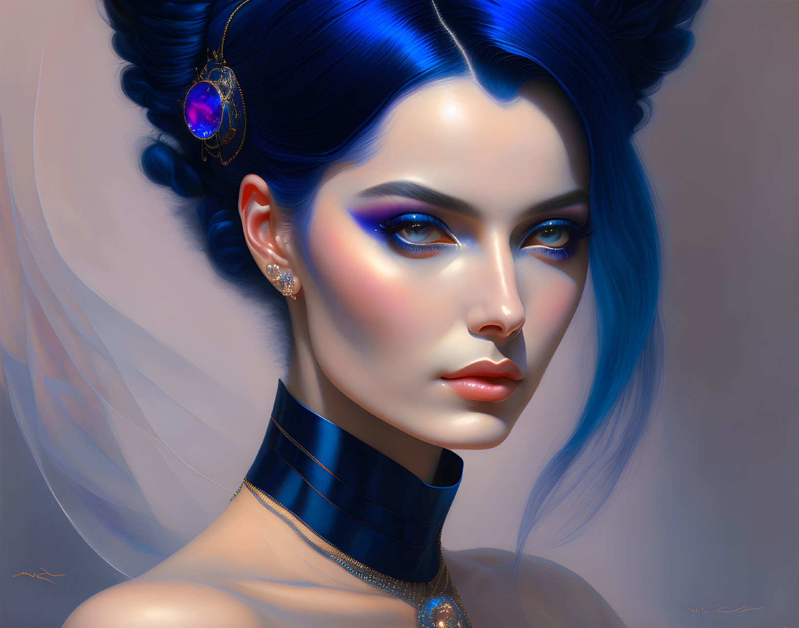 Vibrant portrait of a woman with blue hair and striking eyes