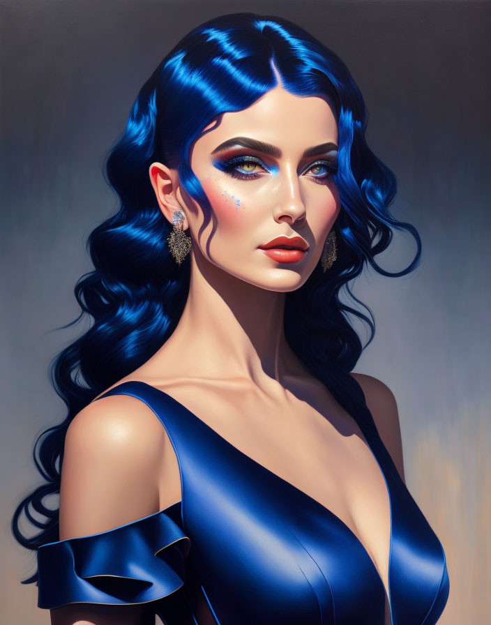 Vibrant Blue Hair Woman in Elegant Fantasy Art