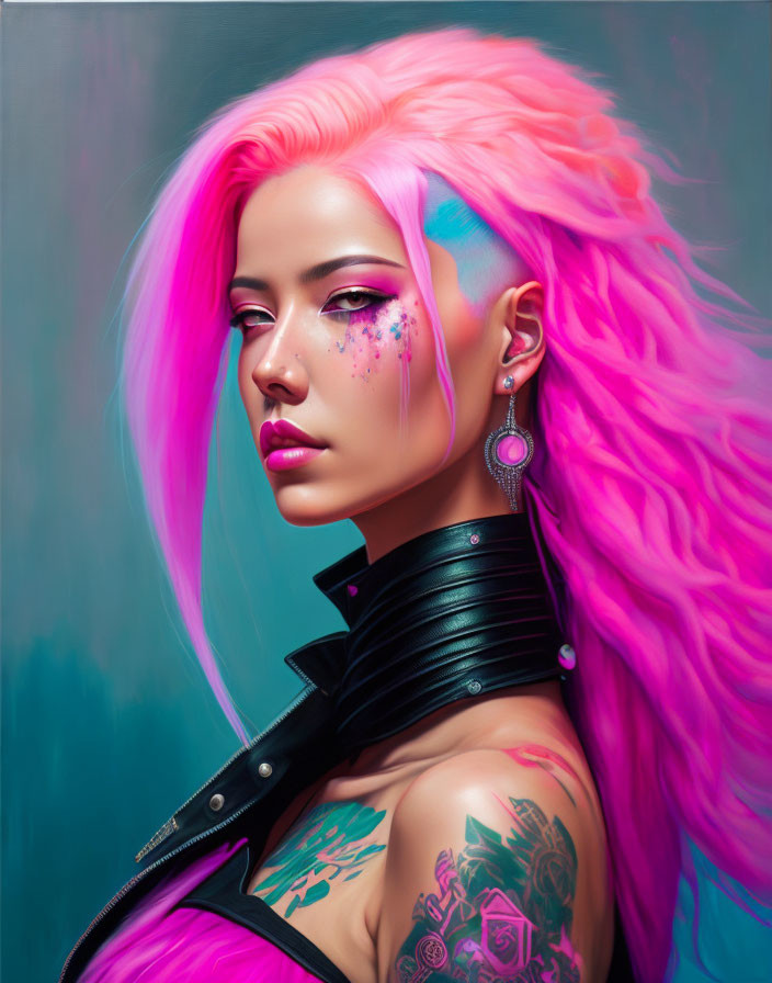 Vibrant pink hair woman with striking makeup, earring, collar, and shoulder tattoo on teal