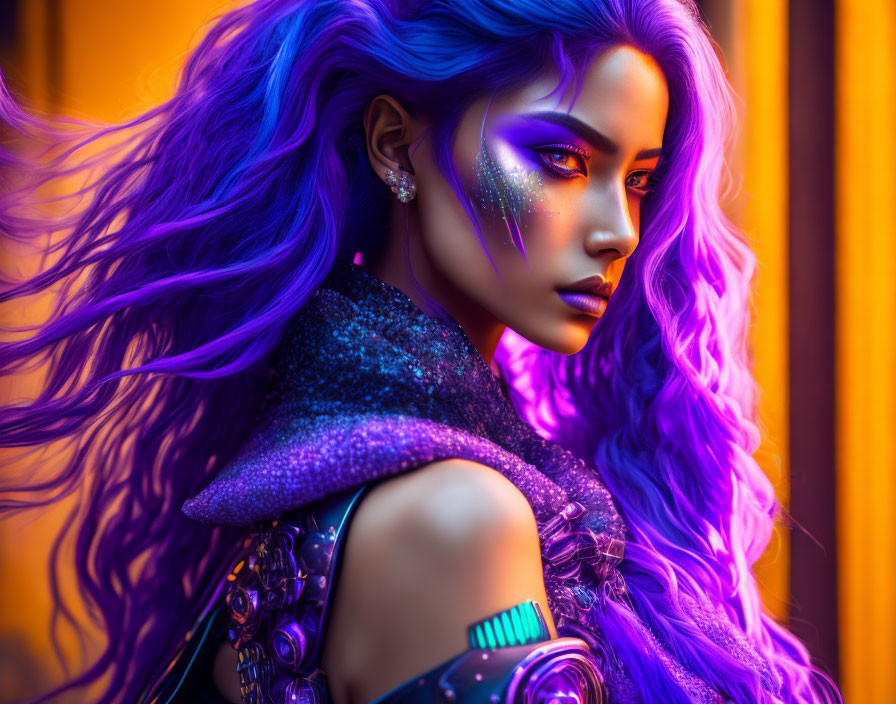 Vivid Purple Hair Woman with Striking Makeup on Orange Backdrop