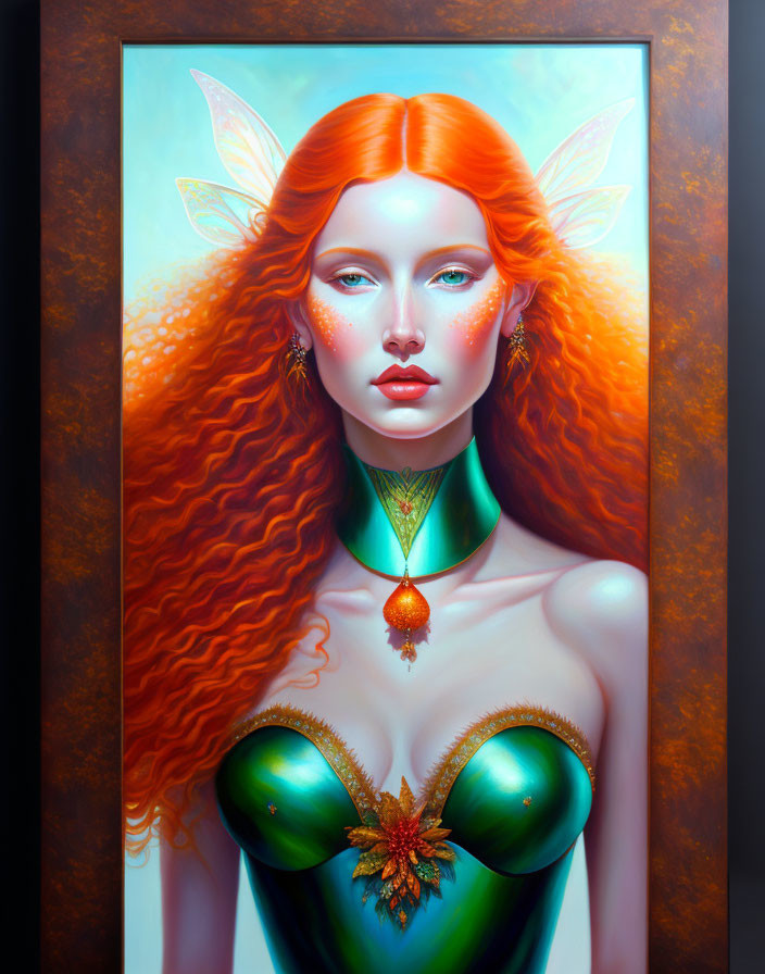 Portrait of Woman with Red Hair, Green Eyes, Pointed Ears, Leaf Accessories, Green Pendant