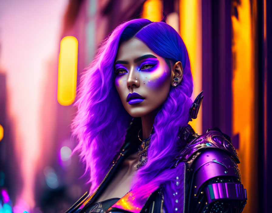 Vibrant purple hair and futuristic makeup against urban neon-lit backdrop