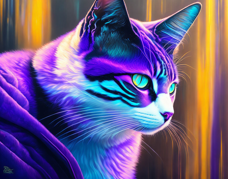 Colorful Digital Artwork: Cat with Purple and Blue Hues