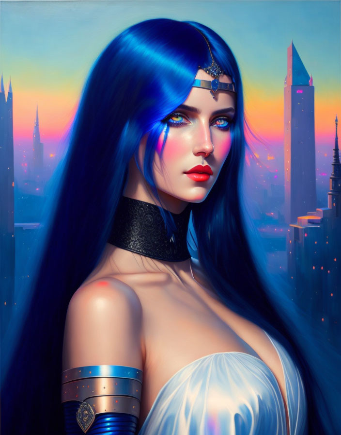 Digital artwork: Woman with blue hair and eyes in futuristic jewelry, cityscape at dusk