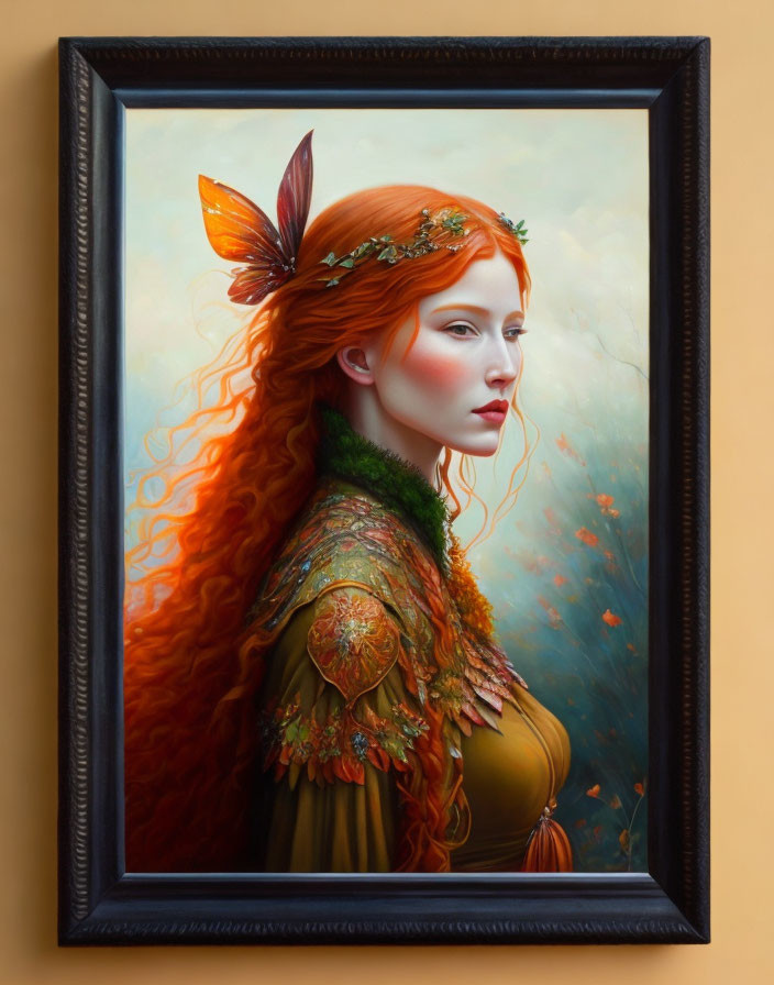 Portrait of woman with red hair, feather, green cloak, serene expression against cloudy backdrop