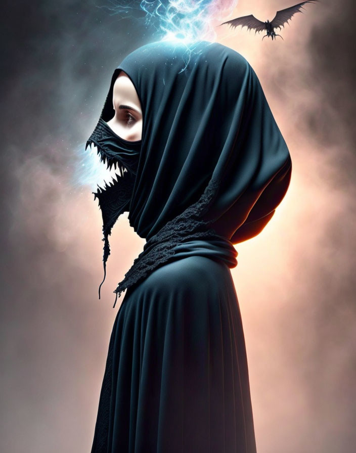 Black Hijab with Stylized Gaping Mouth Design