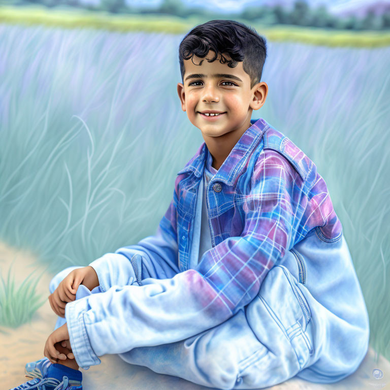 Smiling boy with curly hair in blue plaid shirt sitting in grassy field