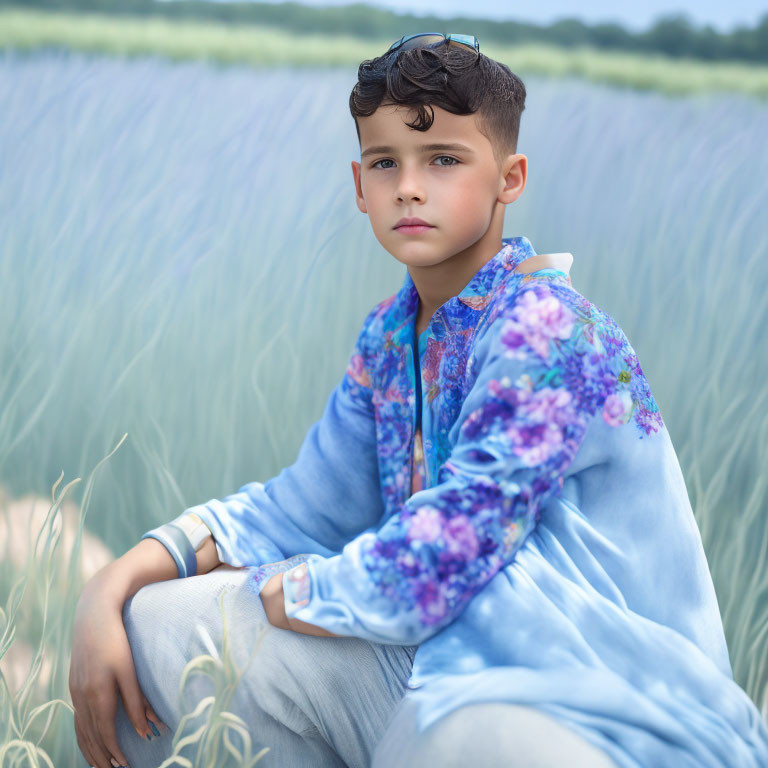 Stylish young boy in blue floral shirt sitting in field