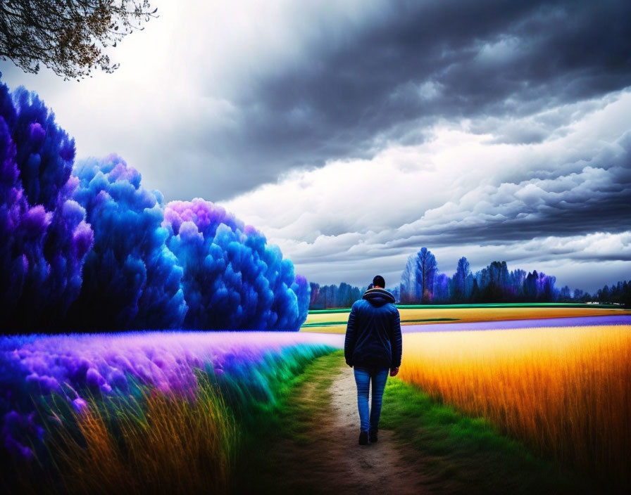 Vibrant Path with Surreal Trees and Stormy Sky