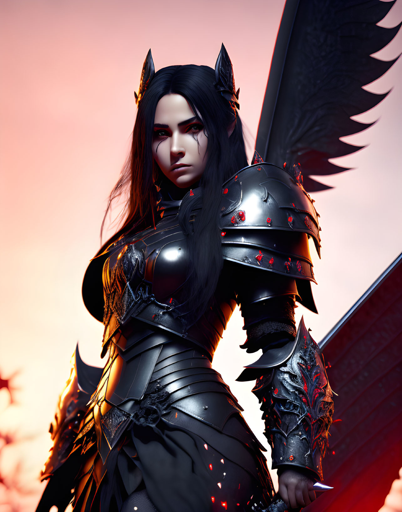 Female fantasy warrior with black angel wings in detailed dark armor with red accents against fiery sky