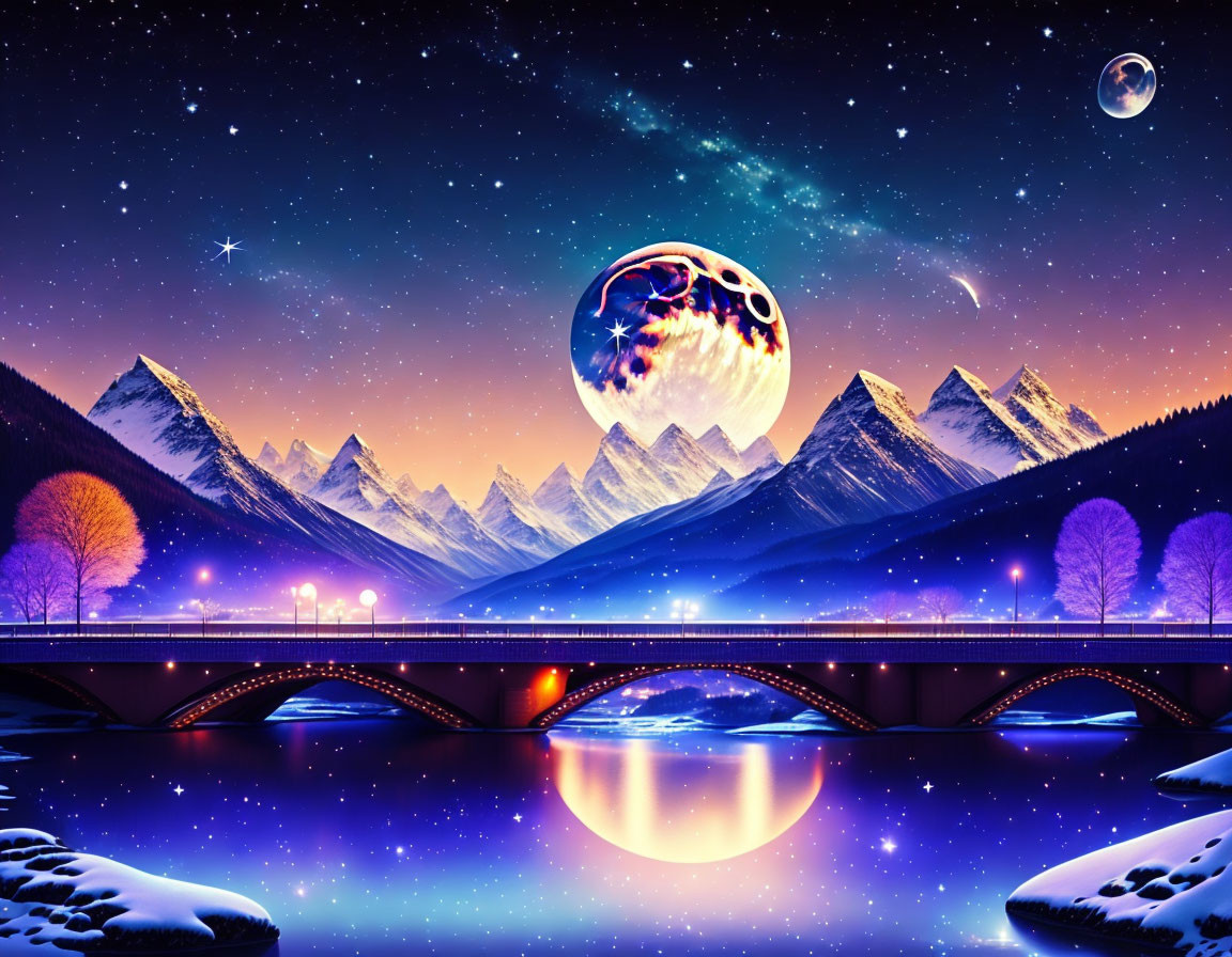 Colorful surreal night scene with artistic planet, starry sky, snowy mountains, river, bridge