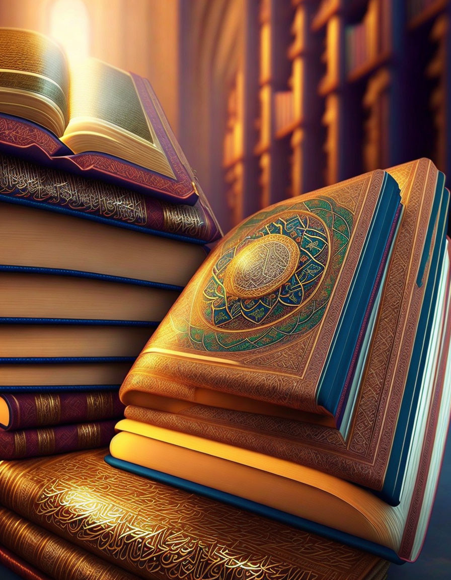 Ancient ornate books with gold designs in rich library setting