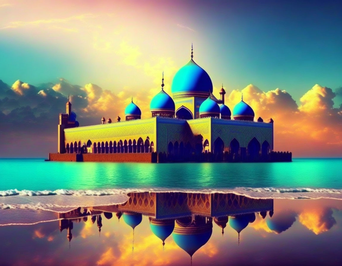 Mosque with Blue Domes Reflected in Water at Sunset