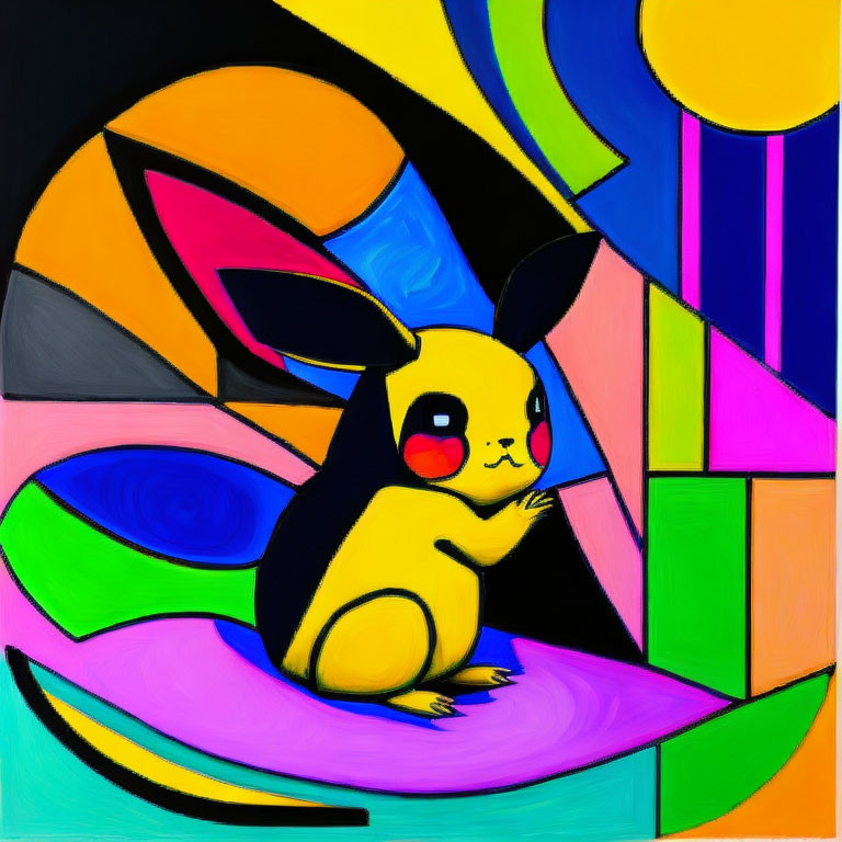 Abstract Pikachu Painting with Geometric Shapes and Vibrant Hues