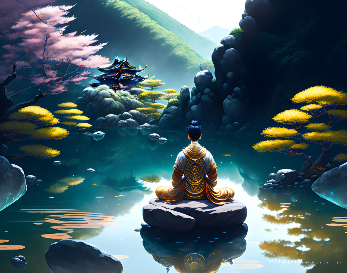 Person meditating on rock by serene lake with colorful trees, ornate temple, misty mountains