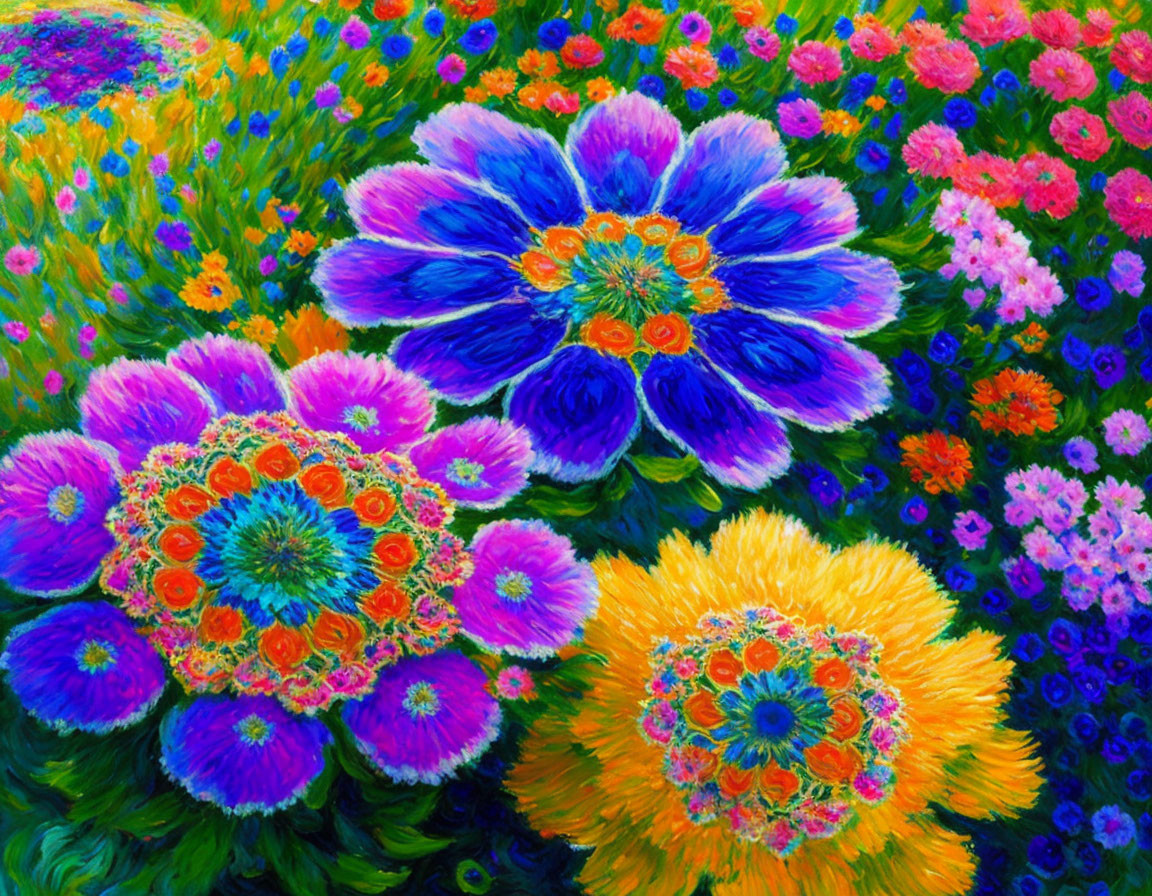 Colorful Impressionistic Painting of Lush Flowers in Blue, Pink, and Orange