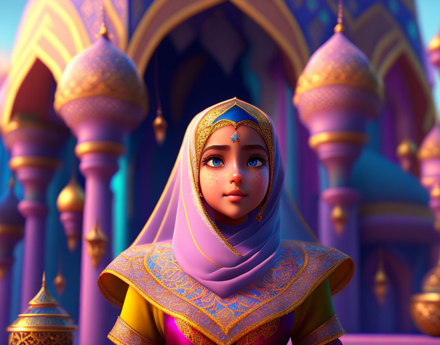 3D animated character in hijab in palace setting with ornate architecture