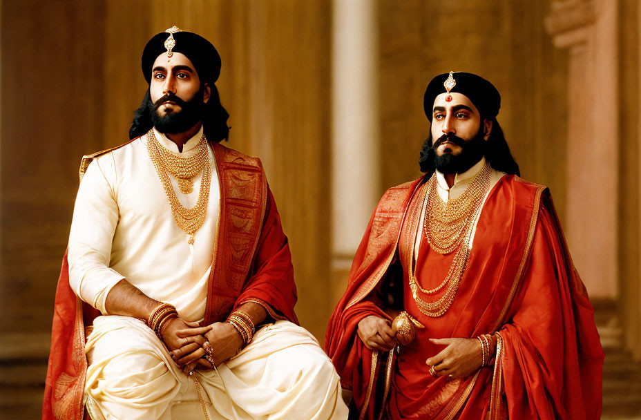 Traditional Indian Attire: Two Men in Turbans and Gold Jewelry