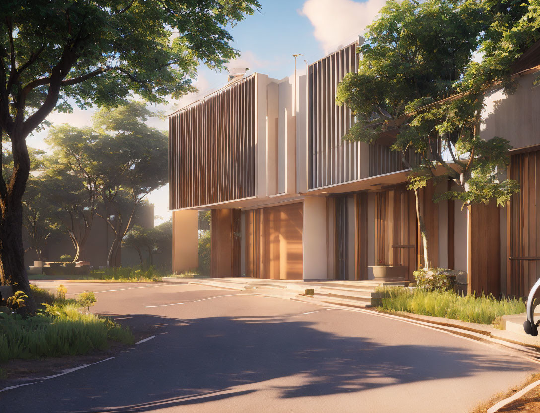 Contemporary building with vertical slats amidst greenery and sunlight