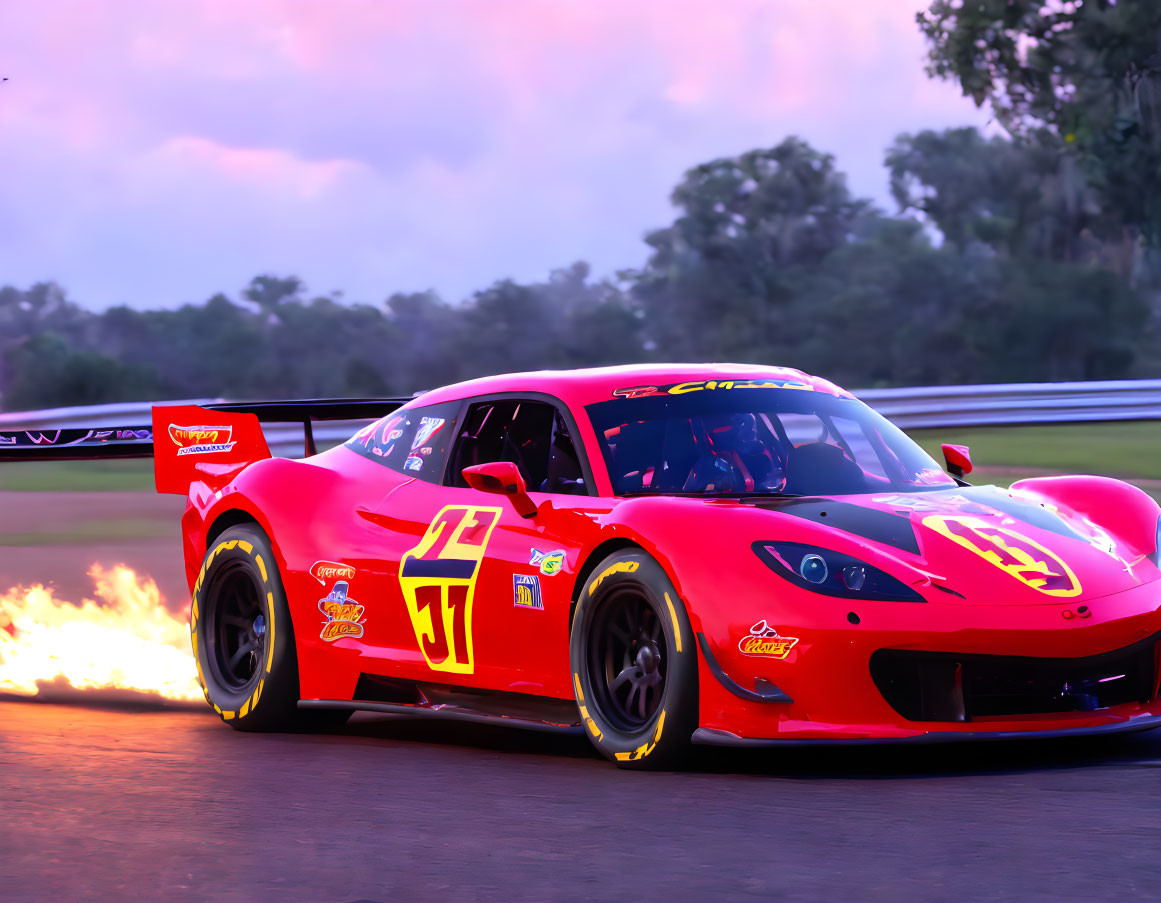 Red race car with number 95 racing on track at twilight with flames.