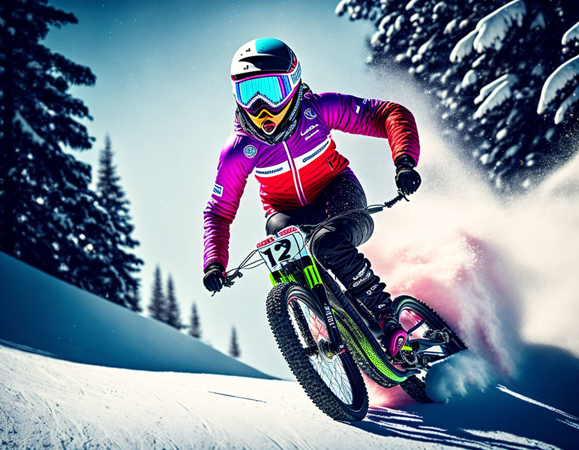 Cyclist in Pink and Red Jacket Riding Mountain Bike on Snowy Slope