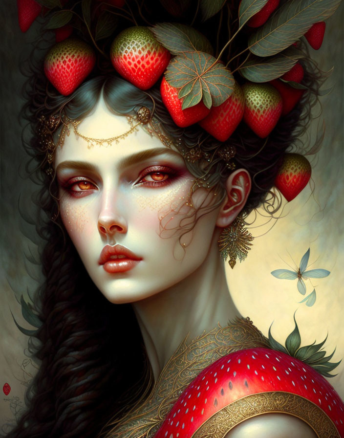 Fantasy portrait of woman with strawberries, leaves, elaborate makeup, red garment, and butterfly.