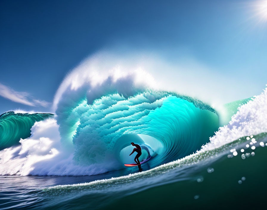 Surfer riding large, curling wave under clear blue sky