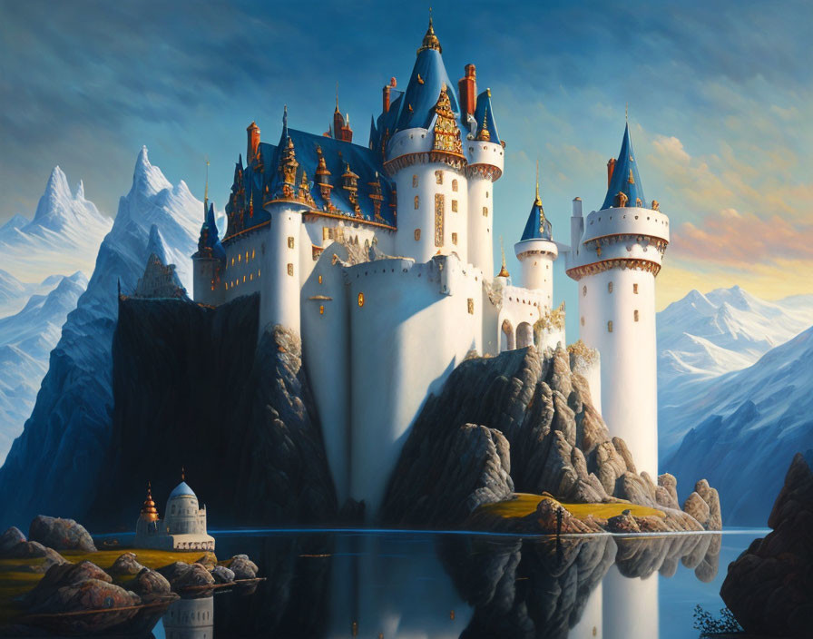 White Castle with Blue Roofs Overlooking Serene Lake and Snowy Mountains