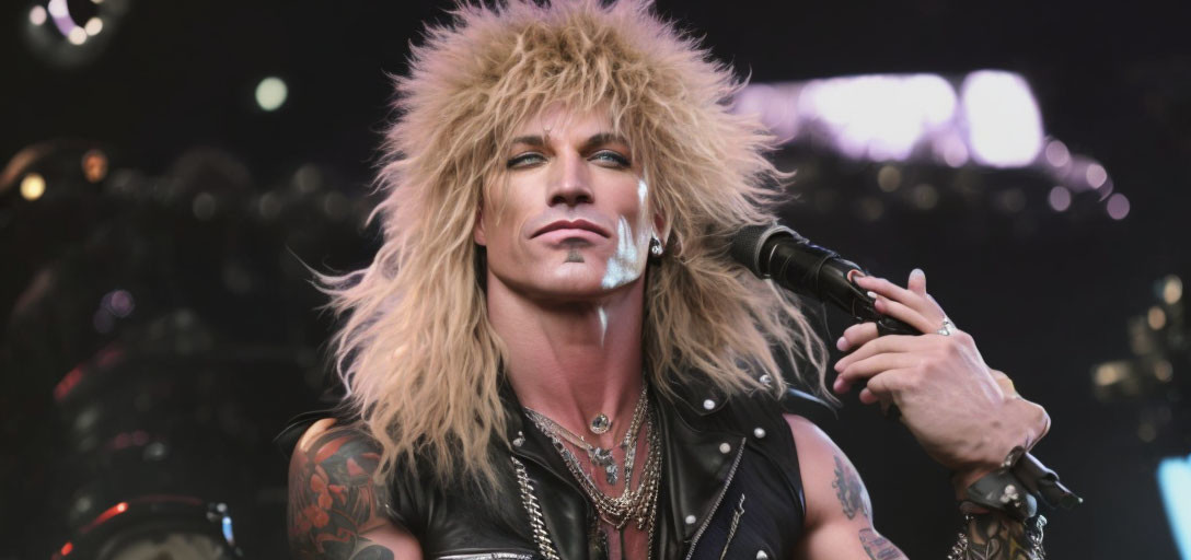 Rock Musician with Teased Blonde Hair and Tattoos Performing on Stage