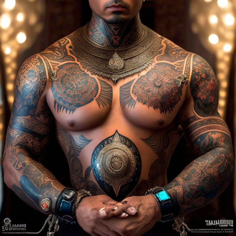 Intricately tattooed shirtless man with cropped head stands confidently