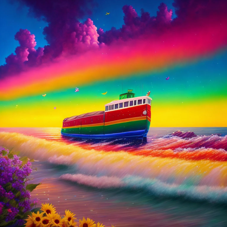 Colorful boat sailing on rainbow water with vibrant sky and lush surroundings